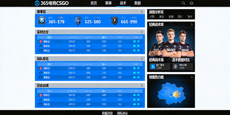 365电竞CSGO官网界面展示，包含赛事数据和战术分析功能