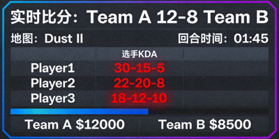 CSGO比赛数据统计界面，展示实时比分和选手KDA