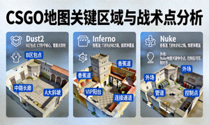 CSGO地图分析图，展示不同地图的关键区域和战术点