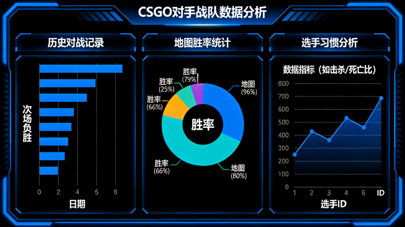 CSGO对手战队数据分析界面，展示历史对战记录、地图胜率统计和选手习惯分析的可视化图表
