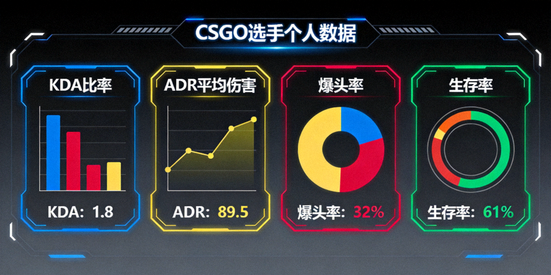 CSGO选手个人数据仪表板，显示KDA比率、ADR平均伤害、爆头率和生存率等关键指标的彩色图表