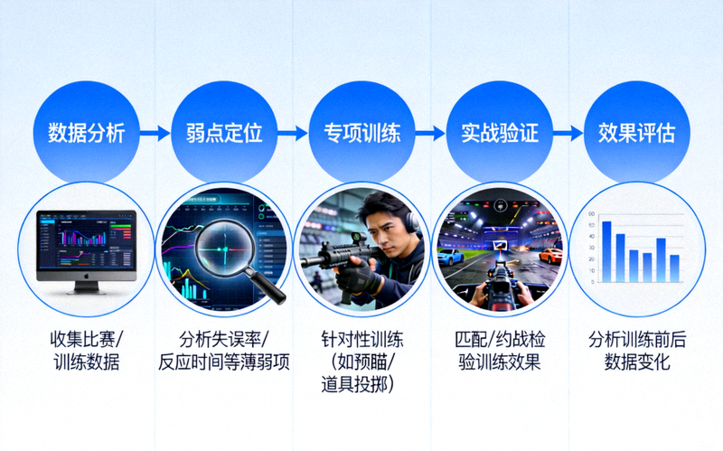 CSGO训练计划制定流程图，展示从数据分析到专项训练再到实战验证的完整闭环系统