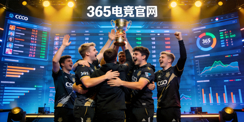 CSGO战队庆祝胜利的场景，背景是365电竞官网的数据分析界面，象征数据驱动带来的成功