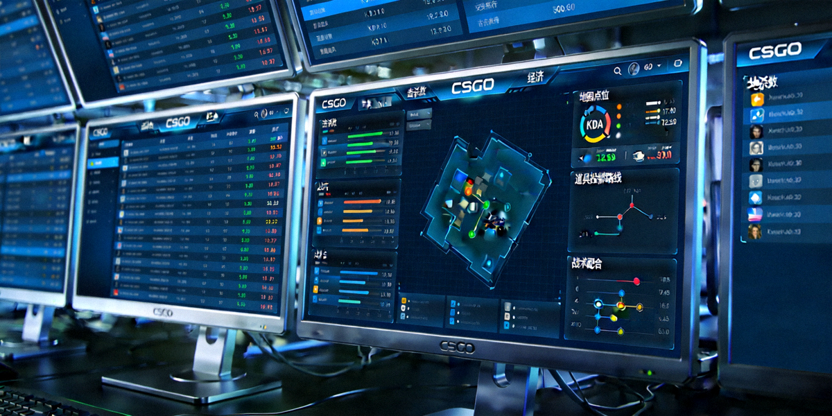 CSGO职业赛事数据分析主图，展示多个显示器上的比赛数据统计界面和战术分析图表