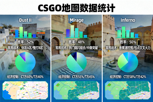 CSGO地图数据统计，展示不同地图的胜率、常用战术和经济控制情况