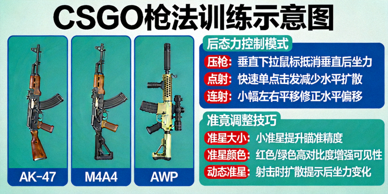 CSGO枪法训练示意图，展示不同武器的后坐力控制模式和准星调整技巧