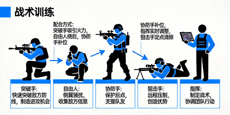 CSGO团队配合训练示意图，展示不同位置选手在比赛中的职责分工和配合方式