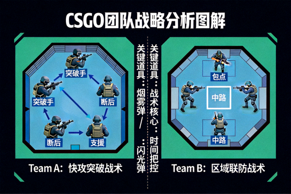 CSGO团队战略分析图解，展示不同战队的团队配合和战略布局
