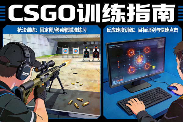 CSGO训练指南图解，展示选手进行枪法训练和反应速度训练的场景
