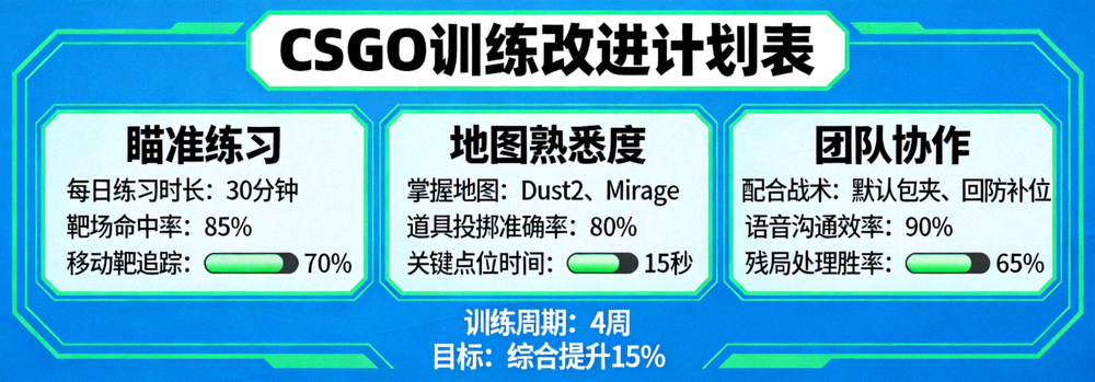 CSGO训练改进计划表，包含瞄准练习、地图熟悉度和团队协作三个维度的进度追踪