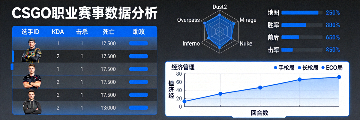 CSGO职业赛事数据分析界面截图，展示选手KDA统计、地图胜率和经济管理图表