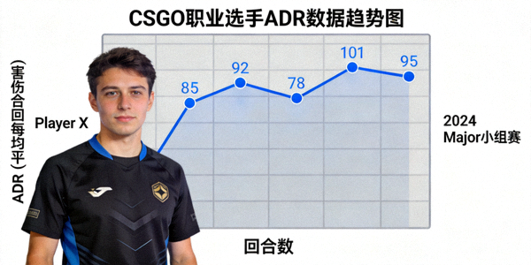 CSGO职业选手ADR数据趋势折线图，展示不同回合的伤害输出变化